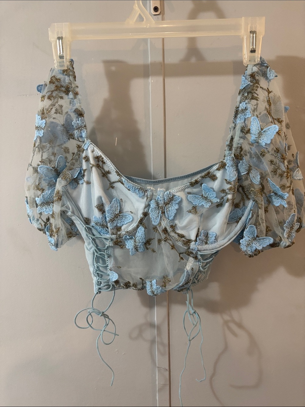 Light Blue Butterfly Embroidered Puff-Sleeve Corset